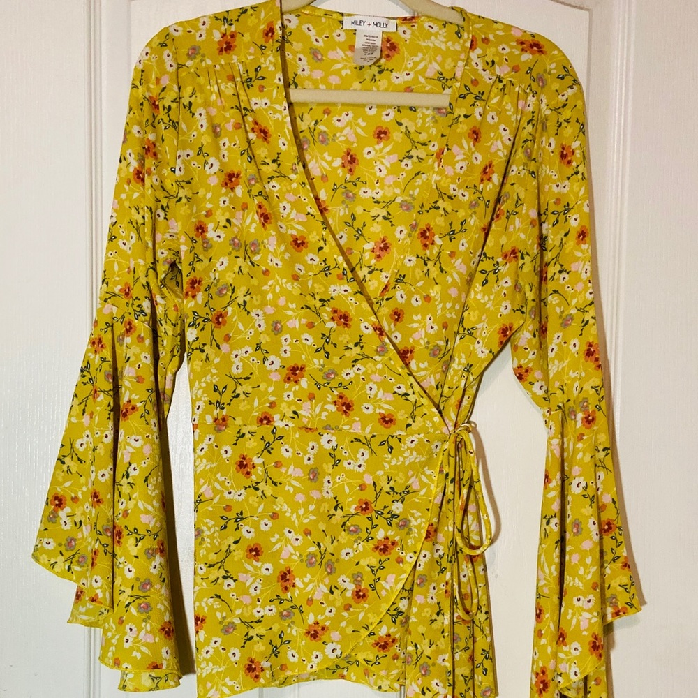 Yellow floral wrap shirt